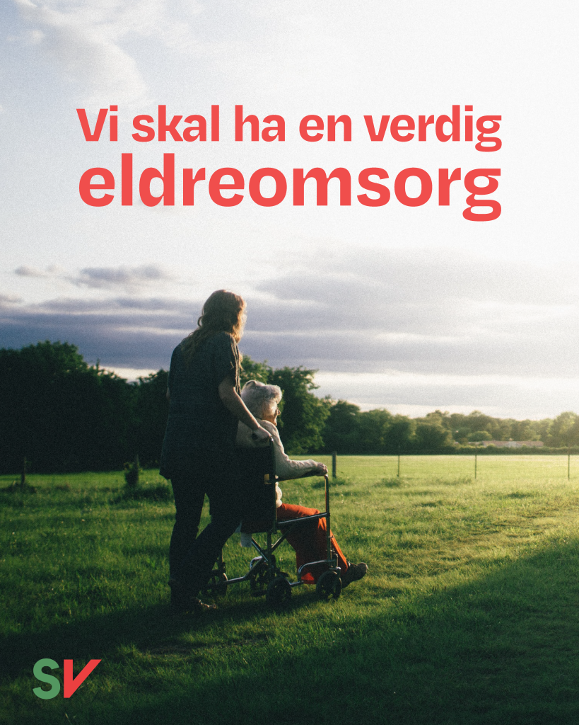 Vi skal ha en verdig eldreomsorg – Rød tekst på fotografi av ei kvinne som triller eldre dame i rullestol på grønt gress. Fotografi.