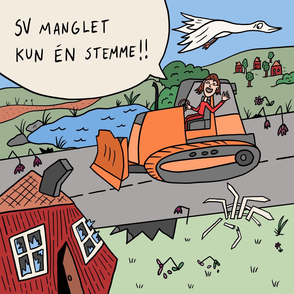 Tegneserie bilde 7 - Mann i dampveivalser sier "SV manglet kun en stemme"