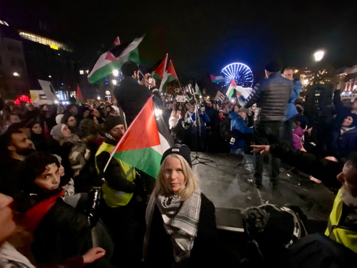 Kirsti Bergstø på demonstrasjon mot bombing av Gaza.
