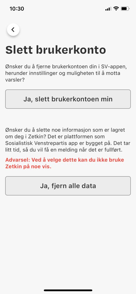 Slett brukerkonto. skjermdump fra SV-appen