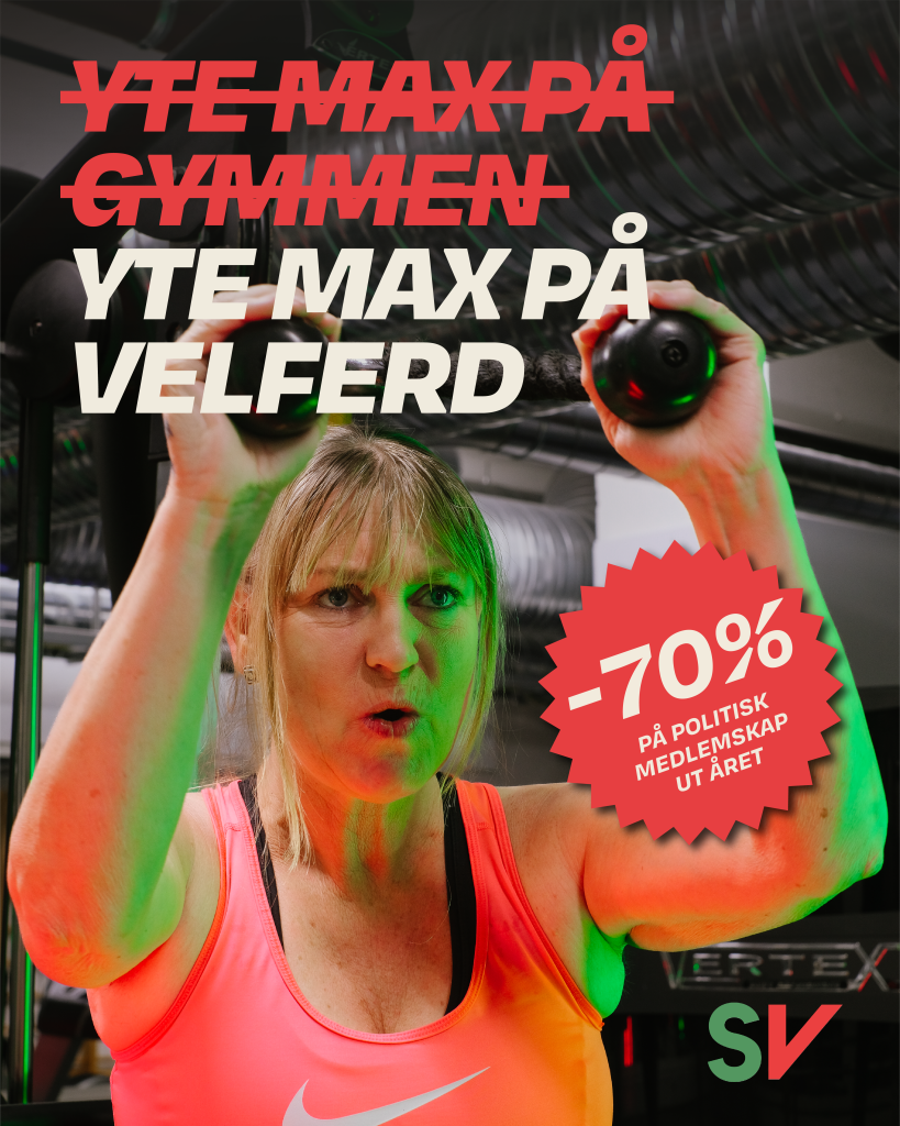 Yte max på gymmen(overstrøket), Yte max på velferd. Grete Wold som trener. tekst over foto