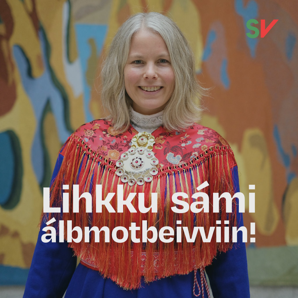 Lihkku sámi álbmotbeivviin! - Kirsti Bergstø i Nessebykofte. tekst over foto