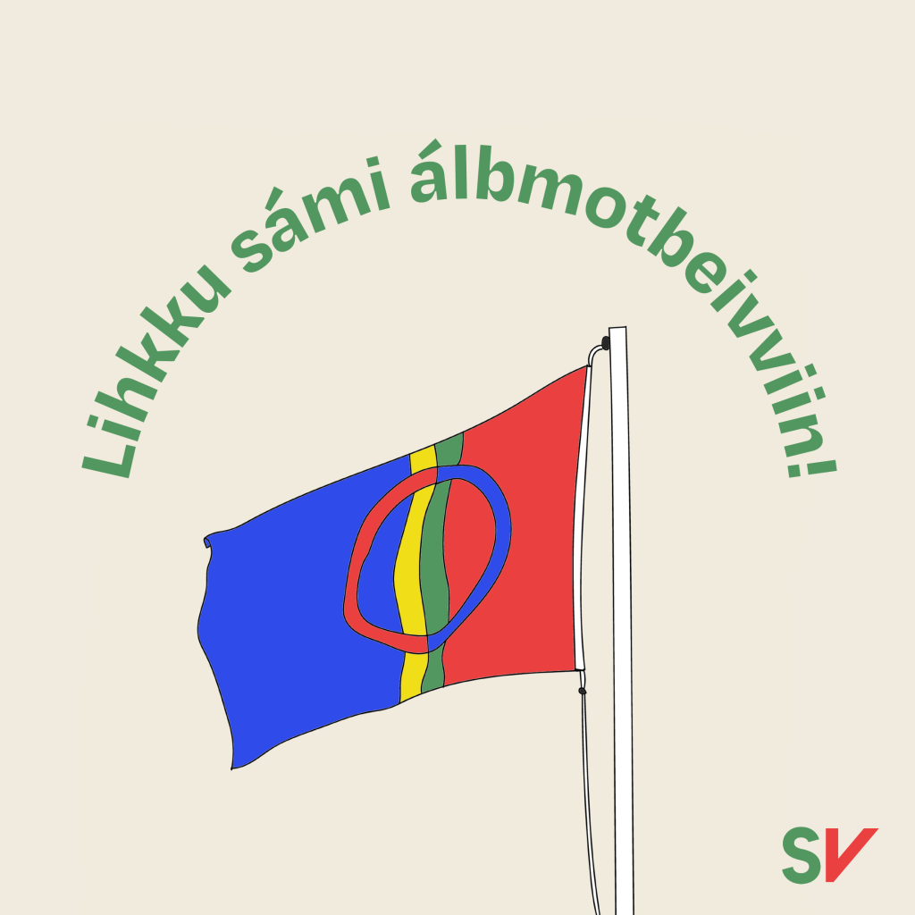Lihkku sámi álbmotbeivviin! - Sameflagget. tekst og illustrasjon