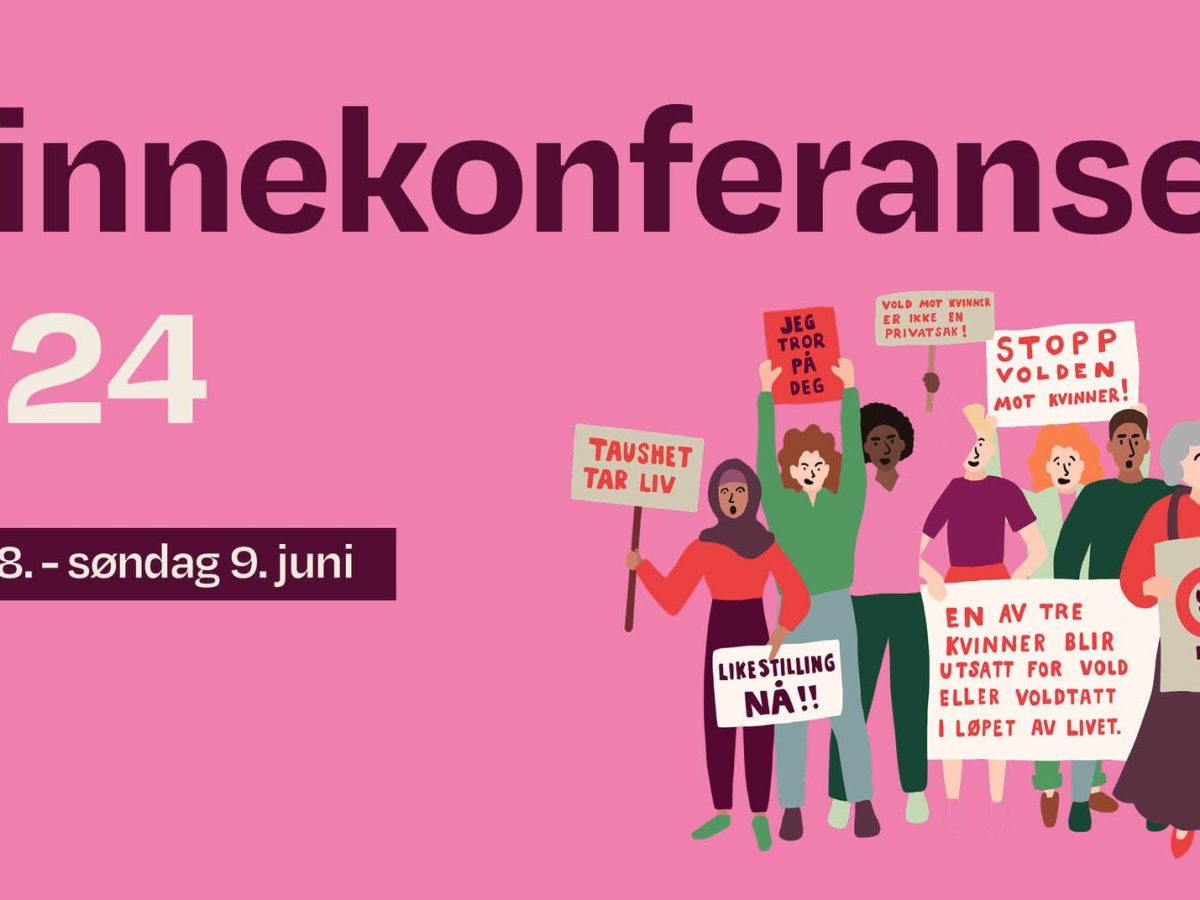 Kvinnekonferansen 2024, lørdag 8. til søndag 9. juni - Folk som demonstrerer med feministiske budskap. tekst og illustrasjon