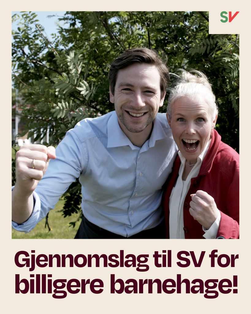 Smilende Andreas Unneland og Kirsti Bergstø - Sjennomslag til SV for billigere barnehage! foto og tekst