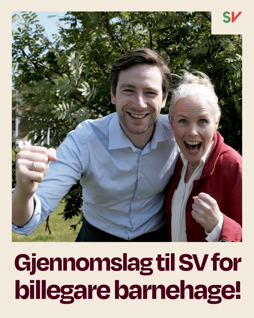Smilende Andreas Unneland og Kirsti Bergstø - Gjennomslag til SV for billegare barnehage! foto og tekst