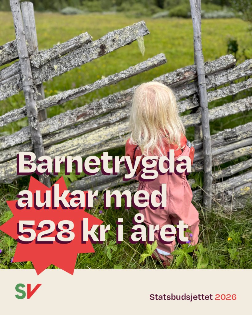 Barn med ryggen til ved en skigard - Barnetrygda aukar med 528 kr i året. Tekst over foto