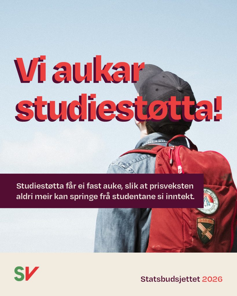 Gutt med sekk som ser opp på himmelen - 
Vi aukar studiestøtta! Studiestøtta får ei fast auke, slik at prisveksten aldri meir kan springe frå studentane si inntekt. Tekst over foto