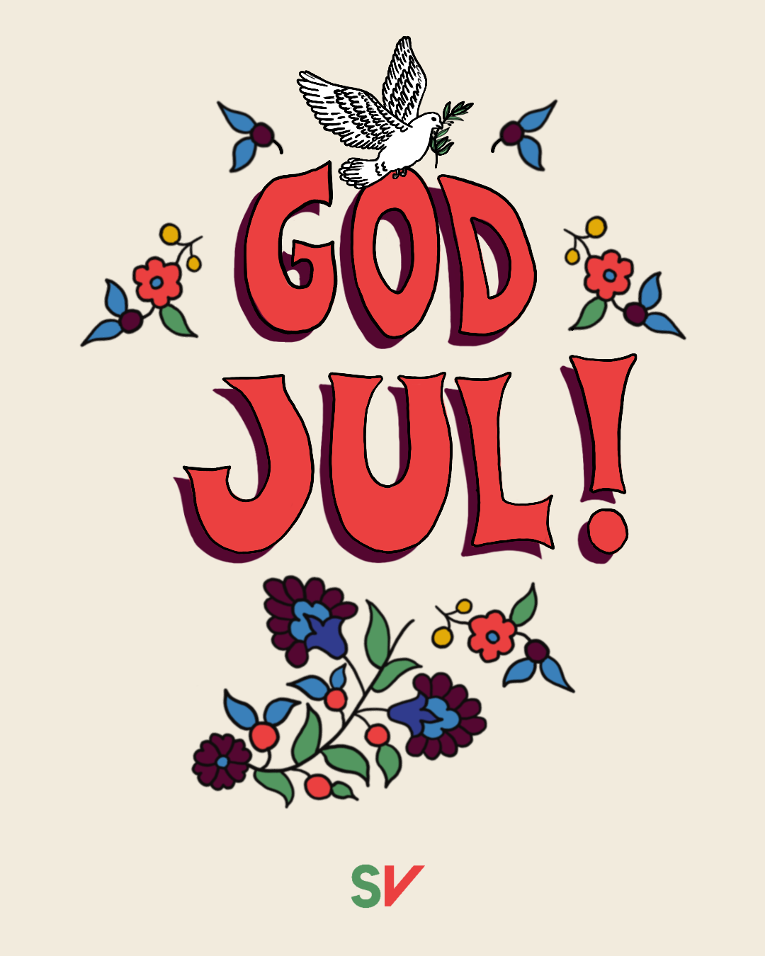 Med ønske om en god og fredfull jul.illustrasjon og tekst