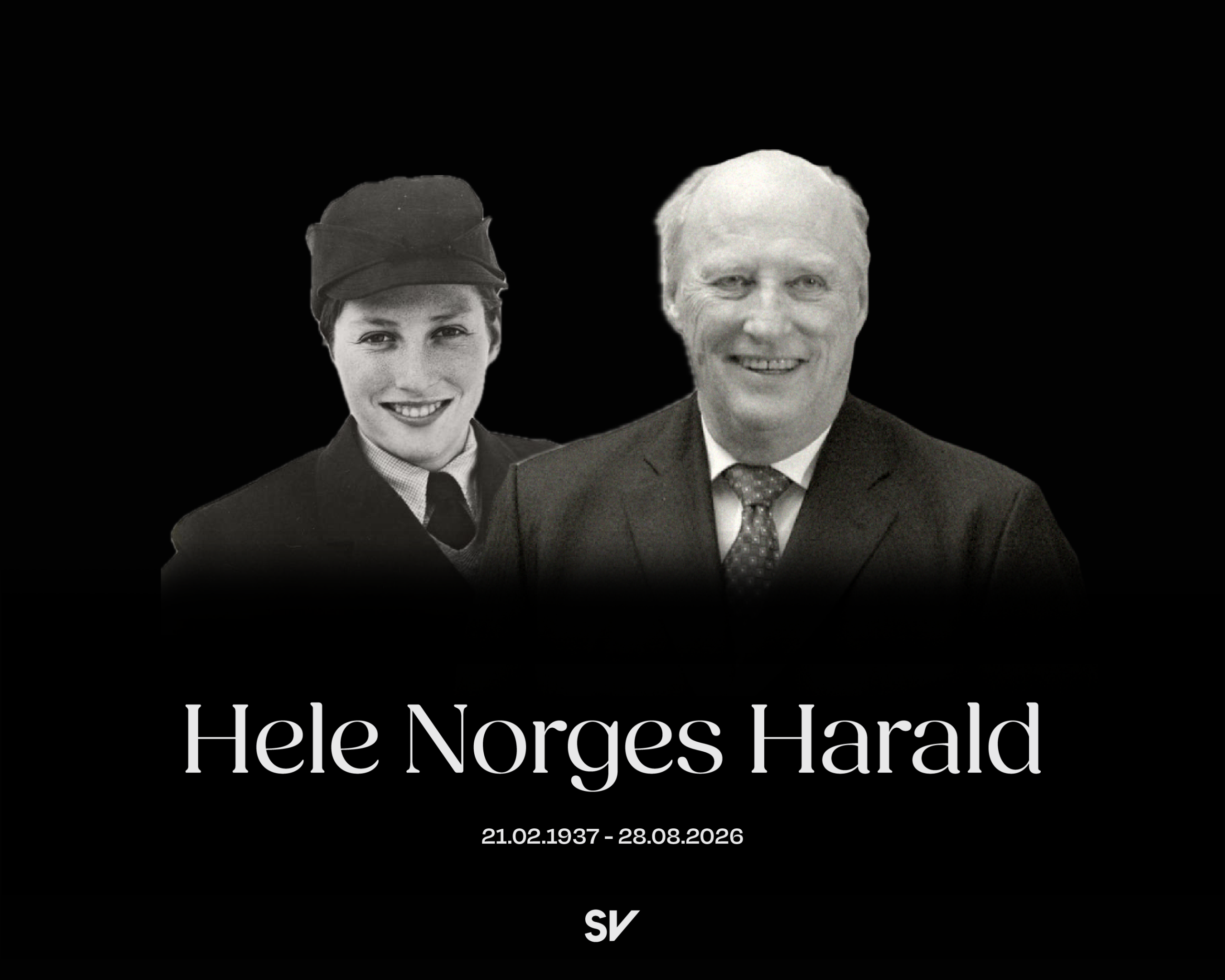 Hele Norges Harald - Kong Harald som ung og som gammel i svart hvitt. tekst over foto